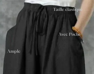 Pantalon femme 2026 décontracté ample en lin et coton couleur unie taille élastique jambe large avec  poche