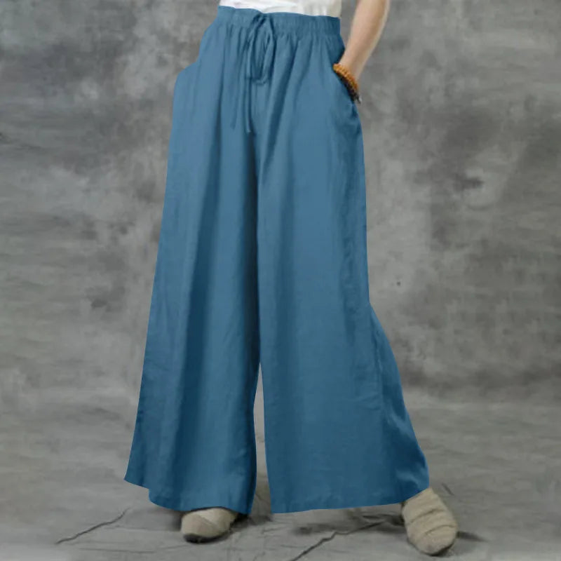Pantalon femme 2026 décontracté ample en lin et coton couleur unie taille élastique jambe large avec  poche