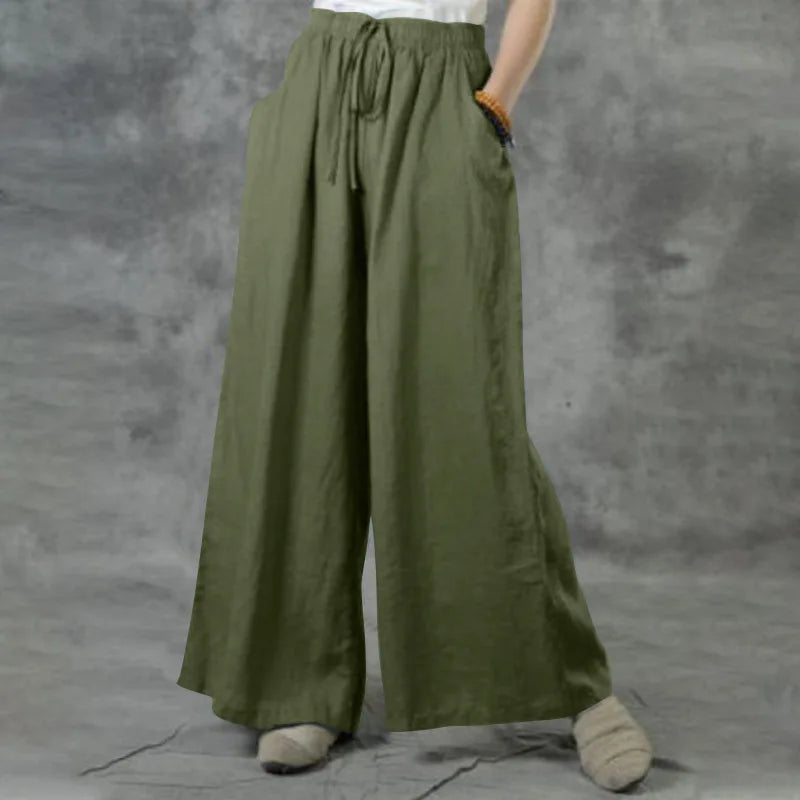 Pantalon femme 2026 décontracté ample en lin et coton couleur unie taille élastique jambe large avec  poche