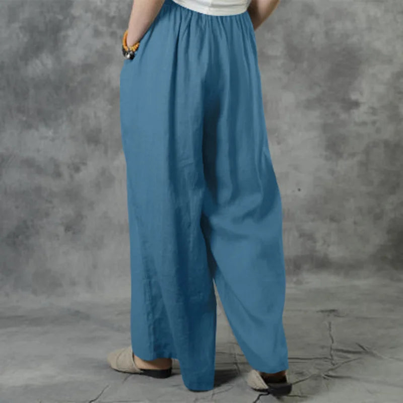 Pantalon femme 2026 décontracté ample en lin et coton couleur unie taille élastique jambe large avec  poche