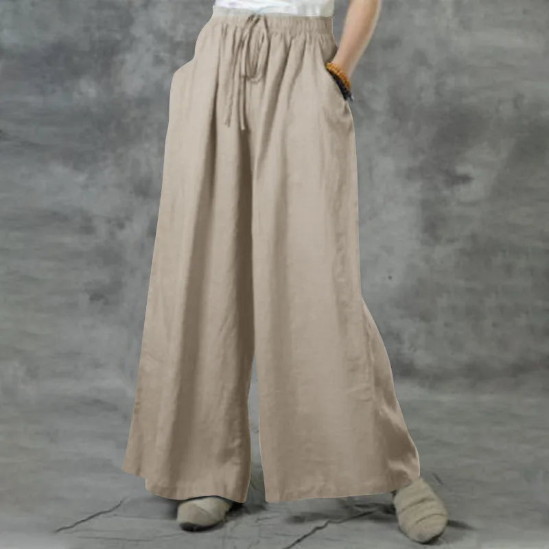 Pantalon femme 2026 décontracté ample en lin et coton couleur unie taille élastique jambe large avec  poche
